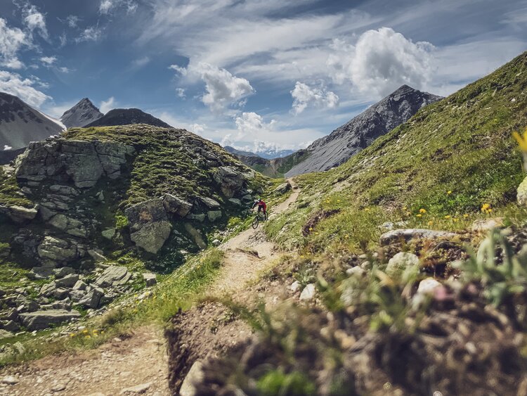 Ein Biker geniesst die Abfahrt auf dem Biketrail beim Chörbschhorn an einem wunderschönen Sommertag. | © Davos Klosters Mountains